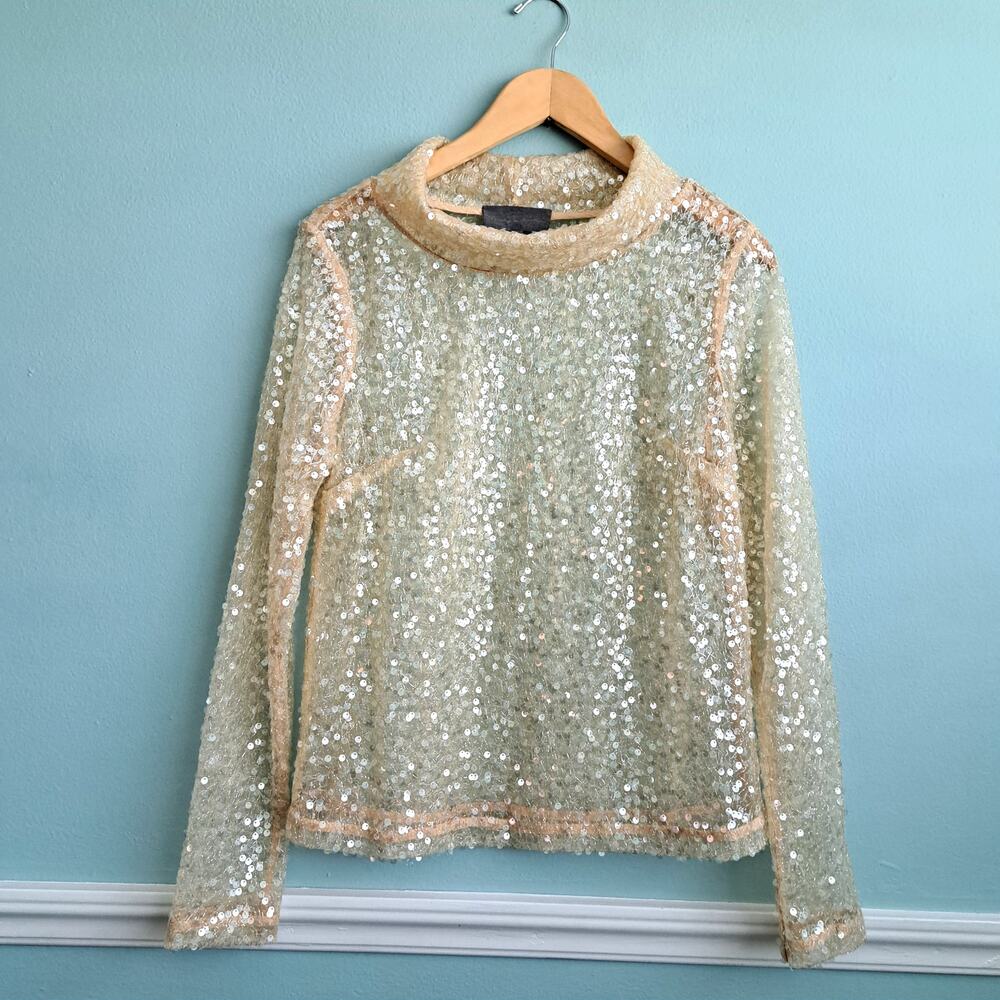 Sunday in Brooklyn Anthropologie Sequin Cowl Neck Top M Champagne Long Sleeve - Picture 9 of 11